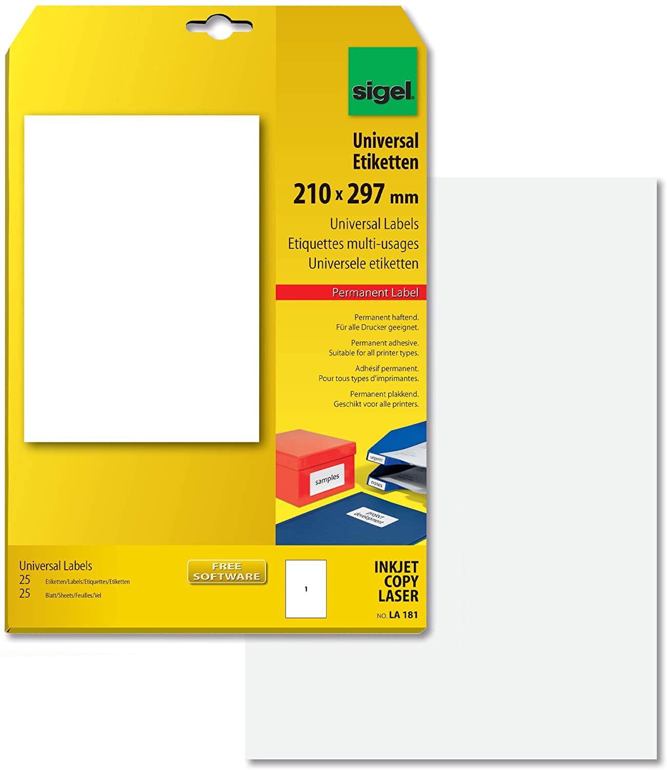 SIGEL LA181 Universal Permanent Labels, White, 21 x 29.7 cm, 25 lbl equal to 25 sheets, White, 210 x 297 mm