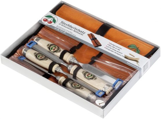 Kirschen 1151000 Firmer Chisel Set with Horn Beam Handle in Leather Roll, Beige/Silver, Set of 4 Pieces