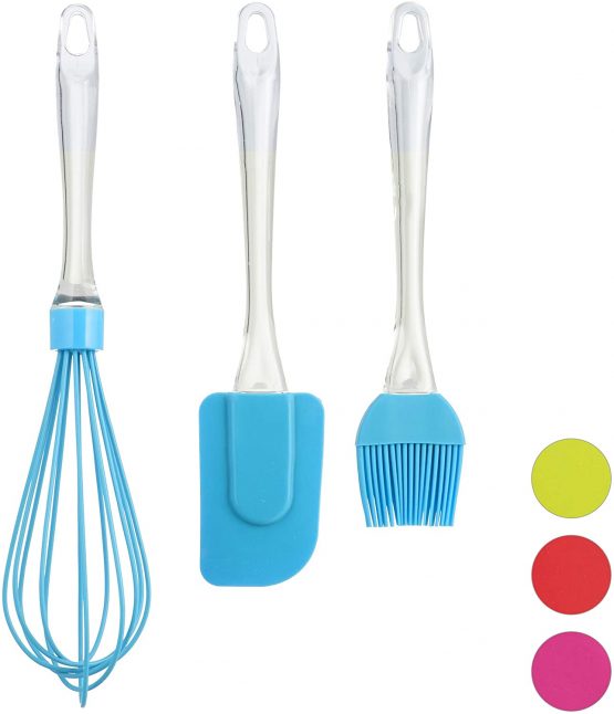Relaxdays 10028014_45 3-Piece Baking Kit, Basting Brush, Dough Spatula & Whisk, Silicone Kitchen Utensils, Blue, PS