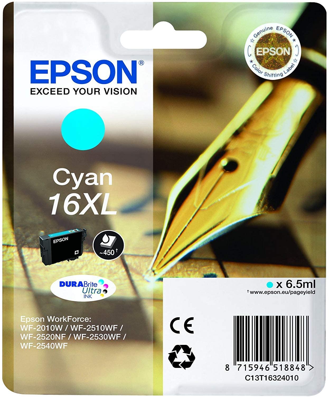 Epson 16XL Cyan Pen & Crossword High Yield Genuine, DURABrite Ultra Ink, XL High Capacity