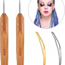 4 Pieces Dreadlock Crochet Hook Set, 2 Pieces Bamboo Handle Dreadlock Crochet Hook (0.5 mm and 0.75 mm) and 2 Pieces Hair Locking Tool for Braid Craft