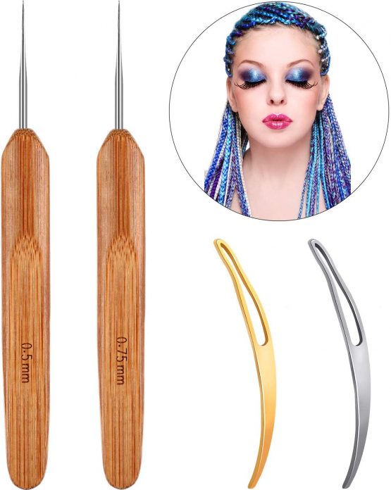 4 Pieces Dreadlock Crochet Hook Set, 2 Pieces Bamboo Handle Dreadlock Crochet Hook (0.5 mm and 0.75 mm) and 2 Pieces Hair Locking Tool for Braid Craft