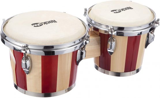 RockJam RJ-100301 7" and 8" Bongo Set with Padded Bag and Tuning Wrench Red and Natural Stripe - Image 2