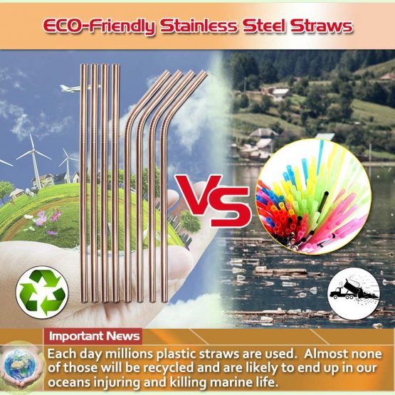 8.5'' Metal Straws Rose Gold, Set of 8 Reusable Stainless Steel Straws and Cleaner, (4 Straight + 4 Bent Reusable Straws Drinking + 2 Brushes) by AniSqui - Image 4