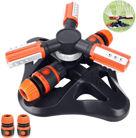 Aiglam Garden Sprinkler, Lawn SprinklerAutomatic 360 Degree Rotating 3 Arm Lawn Water Sprinkler System with Quick Connectors for Watering Plants or Summer Outdoor Play