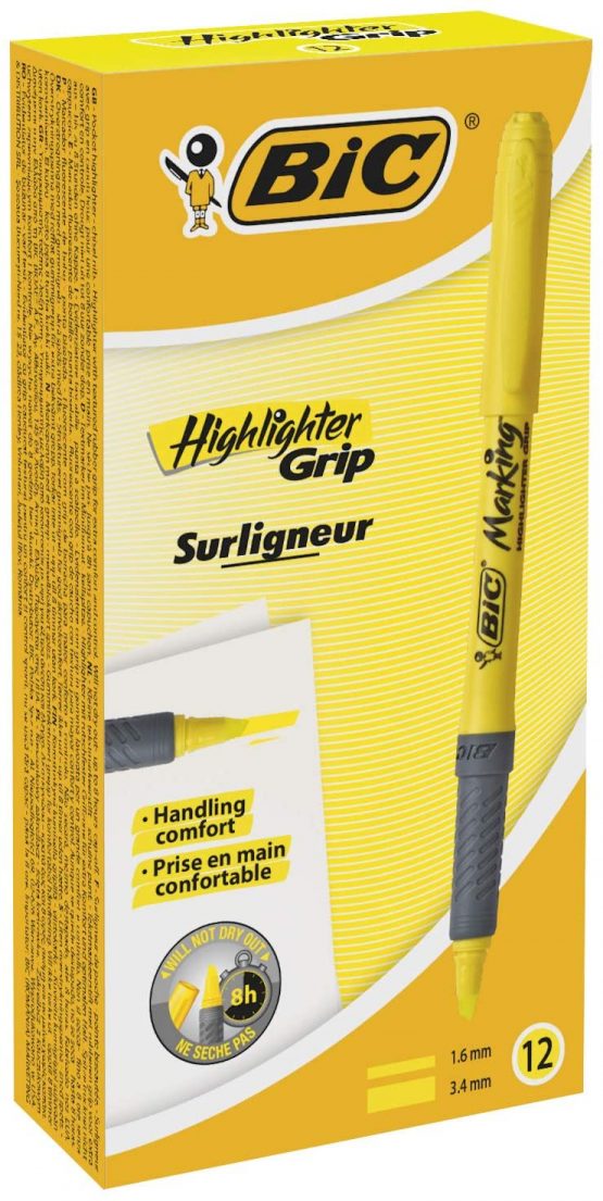 BIC Highlighter Grip Pens - Yellow, Box of 12