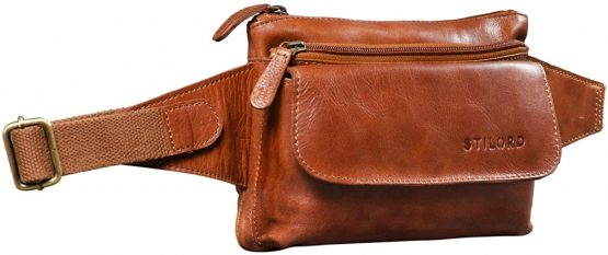 STILORD 'Atlanta' Small Waist Bumbag Leather Vintage Belly Bag Belt Bag for Men Women Ladies for Festival Running Dog Walking Hiking Pouch Bag, Colour:Cognac Dark Brown