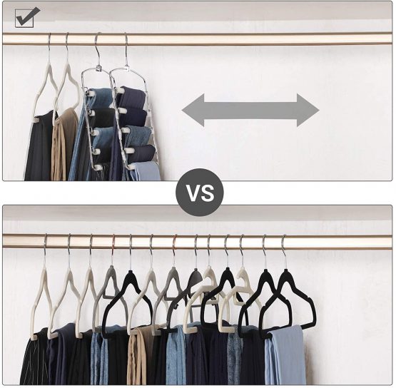 SONGMICS Trousers Hangers, Set of 3 Space-Saving Multi-Bar Metal Pants Hangers, Stable with Non-Slip Padding, Swing Bars for 5 Jeans Each, Suit Pants, Scarves, Ties, Grey and Silver CRI041GY - Image 4