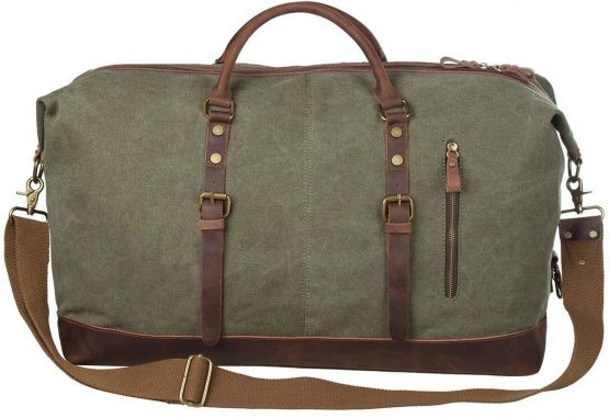 S-ZONE 52L Large Canvas Genuine Leather Trim Travel Tote Duffel Shoulder Weekend Bag Unisex Weekender Overnight Carryon Handbag Shoulder Bag