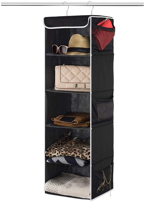 5-Shelf Hanging Wardrobe Storage Organiser - Strong & Durable Hanging Shelves with Metal Hooks - Breathable, Easy Access Closet Storage System with Pockets - Clothes & Shoes Hanging Cupboard Storage