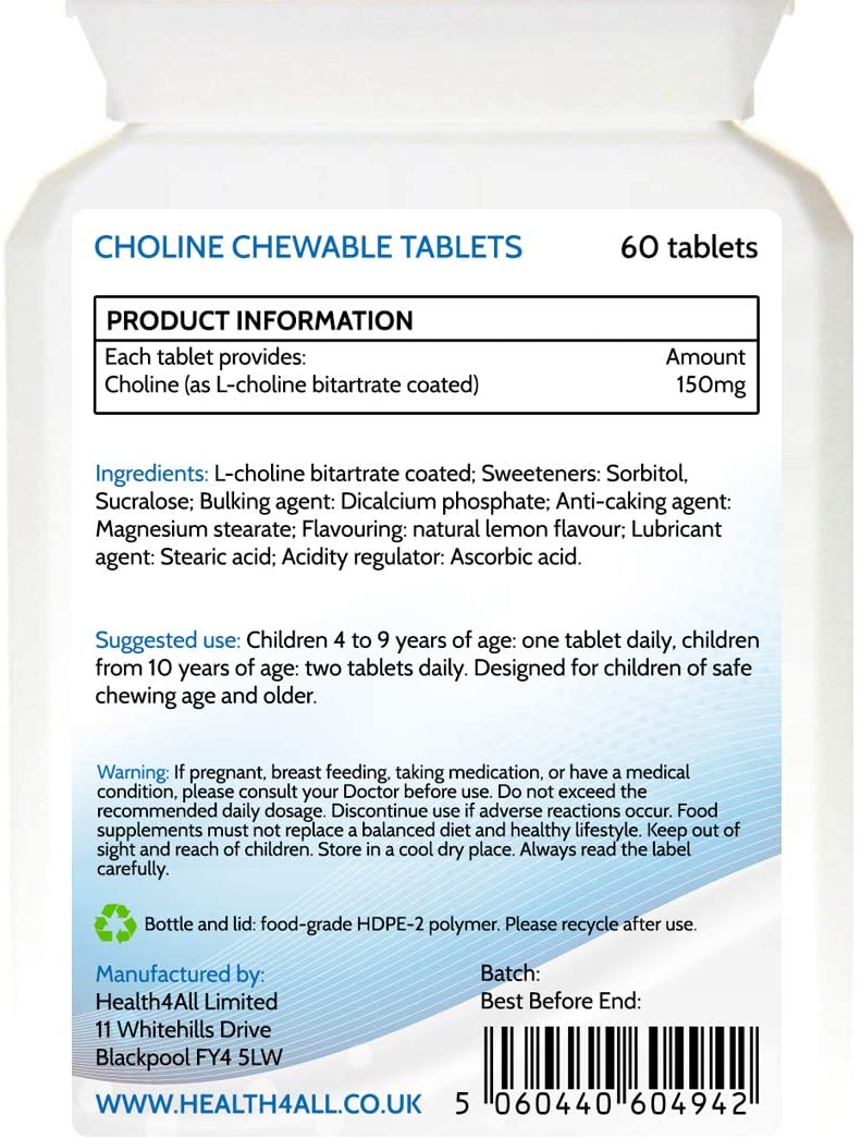Health4All Kids Choline 150mg 60 Chewable Tablets for Children 3+, Supports Memory, Learning and Mood - Image 2