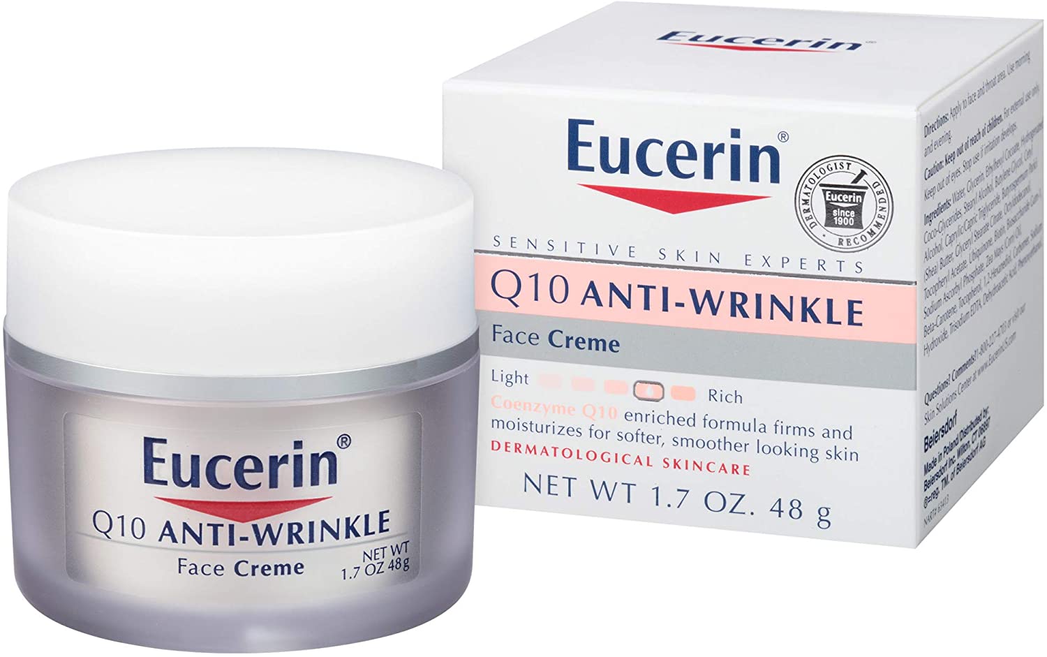 Eucerin Q10 Anti-Wrinkle Face Cream, Unscented Face Cream for Sensitive Skin 1.7 Oz Jar, White, 48 g (Pack of 1)