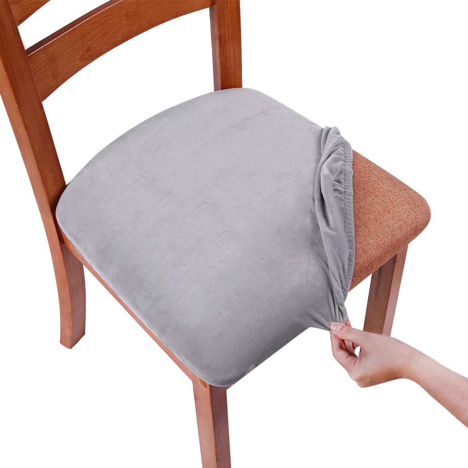 smiry Stretch Chair Seat Covers for Dining Room Velvet Dining Chair Seat Protectors Chair Slipcovers, Set of 4, Light Grey - Image 3