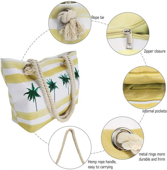 FARI Large Beach Bag, Travel Twine Beach Tote Bags, Canvas Shoulder Tote Handbag-Top Zipper Closure - Image 3