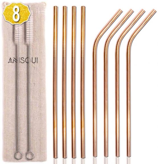 8.5'' Metal Straws Rose Gold, Set of 8 Reusable Stainless Steel Straws and Cleaner, (4 Straight + 4 Bent Reusable Straws Drinking + 2 Brushes) by AniSqui