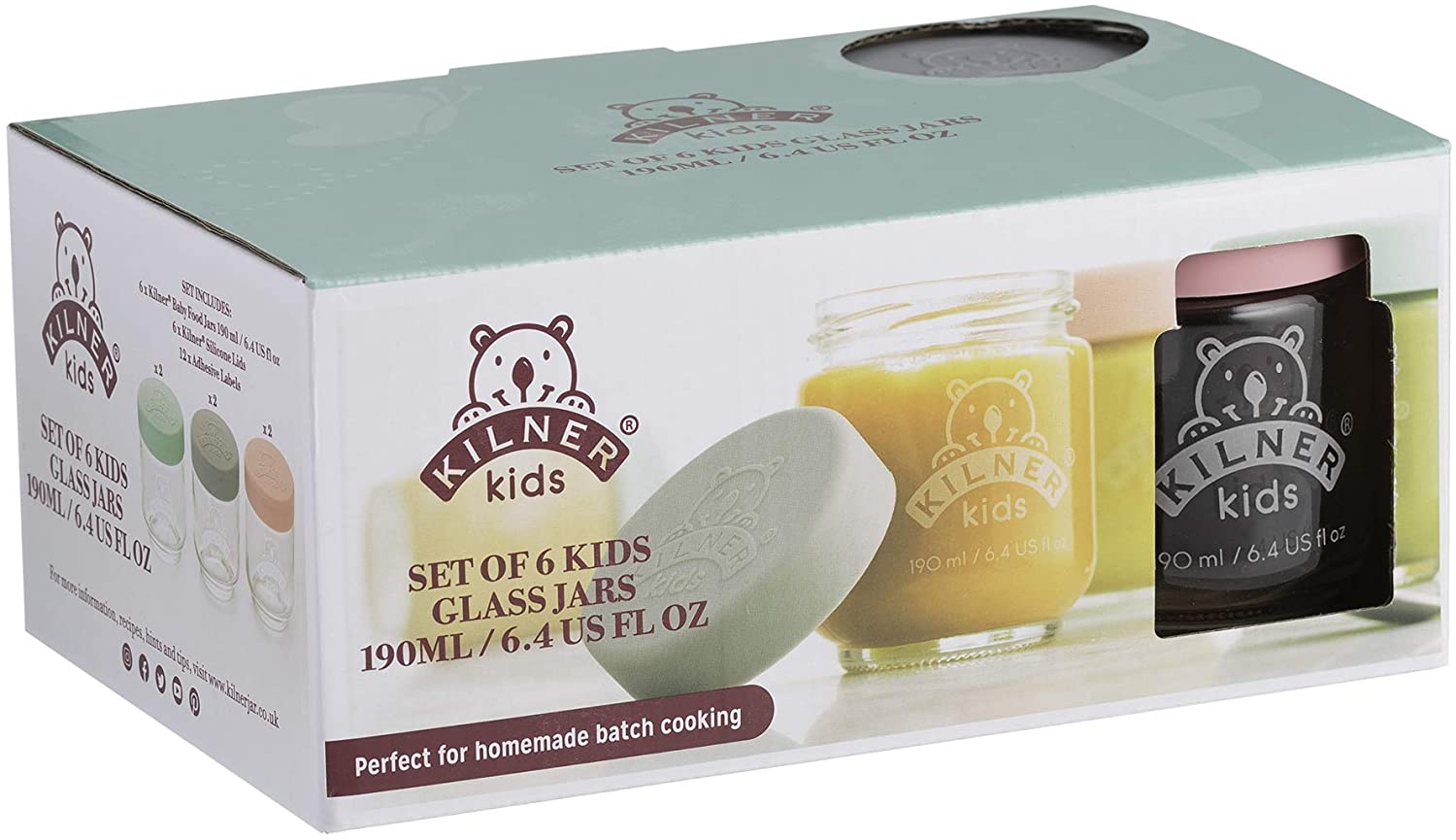 Kilner Kids Glass Baby Food Jars Set of 6 x 190ml Reusable Glass Jars with Airtight Silicone Lids in Purple, Yellow - Image 2