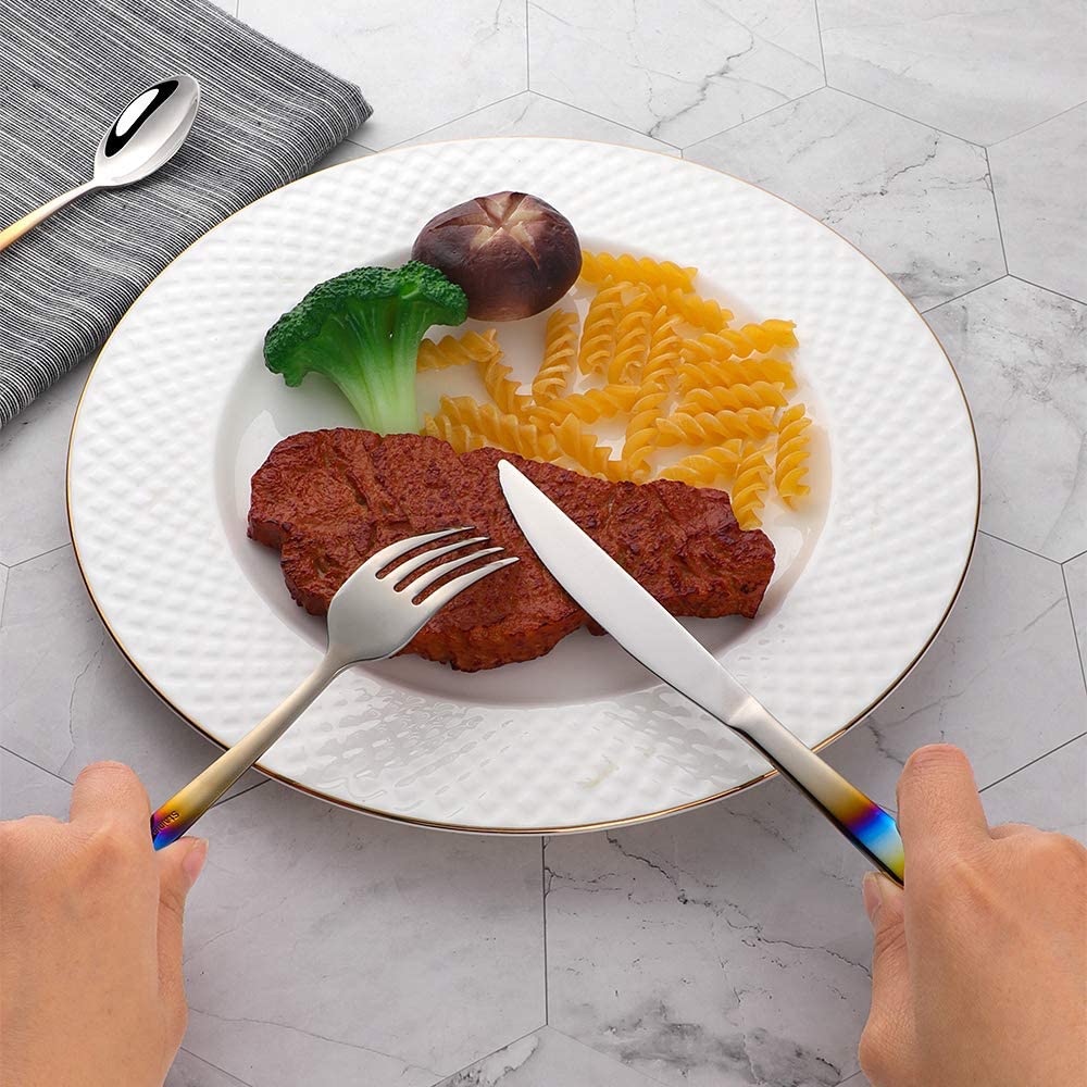 BISDARUN Stainless Steel Flatware Rainbow Coloured Handle Iridescent Cutlery Set 16 Piece Silverware Service for 4 Dinner Spoon Fork Knives Set for Party Outdooor Camping Travel Dishwasher Safe - Image 4