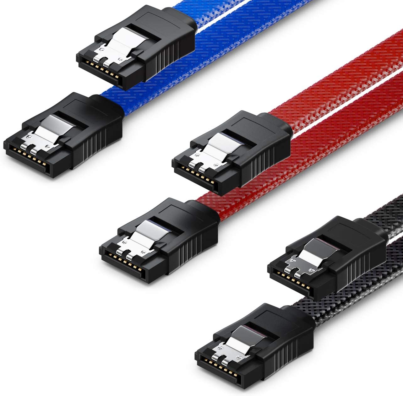 deleyCON 3x 50cm (1.64 ft.) SATA 3 Nylon Cable Set Data Cable 6 Gbit/s Connector Connection Cable Main Board HDD SSD Hard Drive 2 S-ATA Connector Straight Black Blue Red