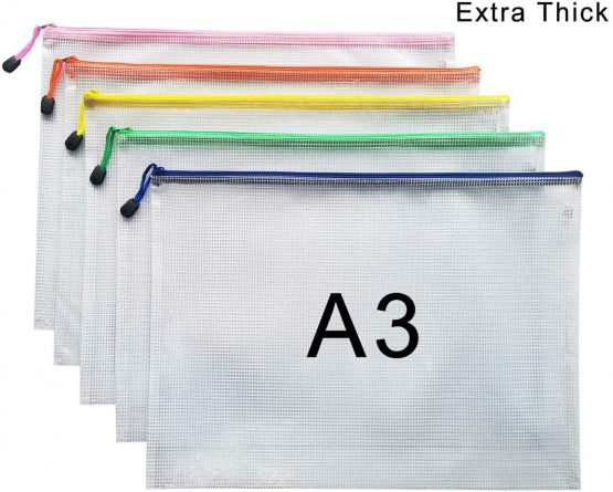A3 Document Folder File Zipper Bags Plastic Wallets Folder Extra Thick (A3-5PCS)