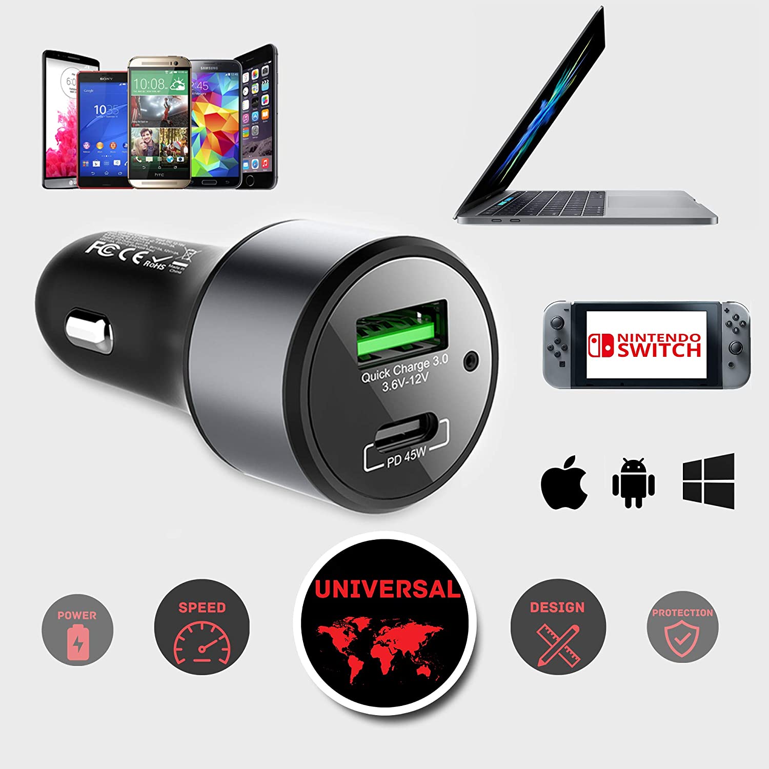 LinkOn 63W Car Charger With 45W USB-C PD3.0 PPS and 18W USB-A QC3.0 Compatible with MacBook Pro Chromebook iPhone Xs/Max/XR/X/8 iPad Pro/Air 2/Mini - Image 4