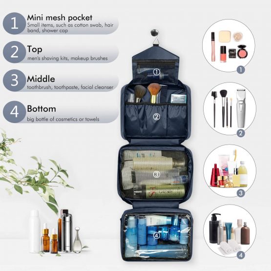 Large Toiletry Bag for Men and Women, Travel Make up Wash Bag, Cosmetic Waterproof Bathroom Bag for Business Trip (Dark Blue) - Image 4