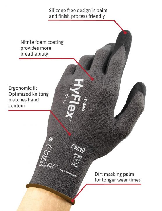 Ansell HyFlex 11-840 Professional Work Gloves, Resistant Mechanical Gloves with Patented Technologies, Multi-Purpose Gloves, Assembly, Mechanics, Industrial, Men Women, Black, Size XL (12 Pairs) - Image 2