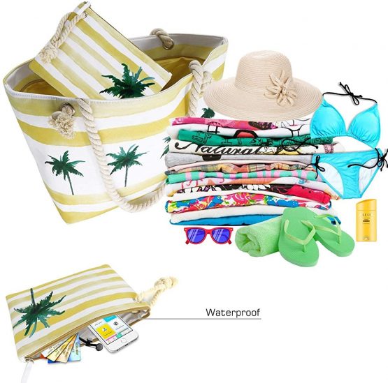 FARI Large Beach Bag, Travel Twine Beach Tote Bags, Canvas Shoulder Tote Handbag-Top Zipper Closure - Image 4
