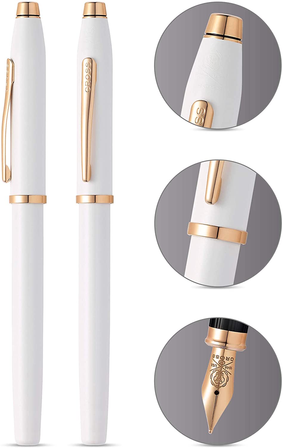 Cross Century II Pearlescent White Lacquer Fountain Pen with Rose-Gold Tone Appointments and Stainless Steel Fine Nib Plated with Rose-Gold PVD - Image 2