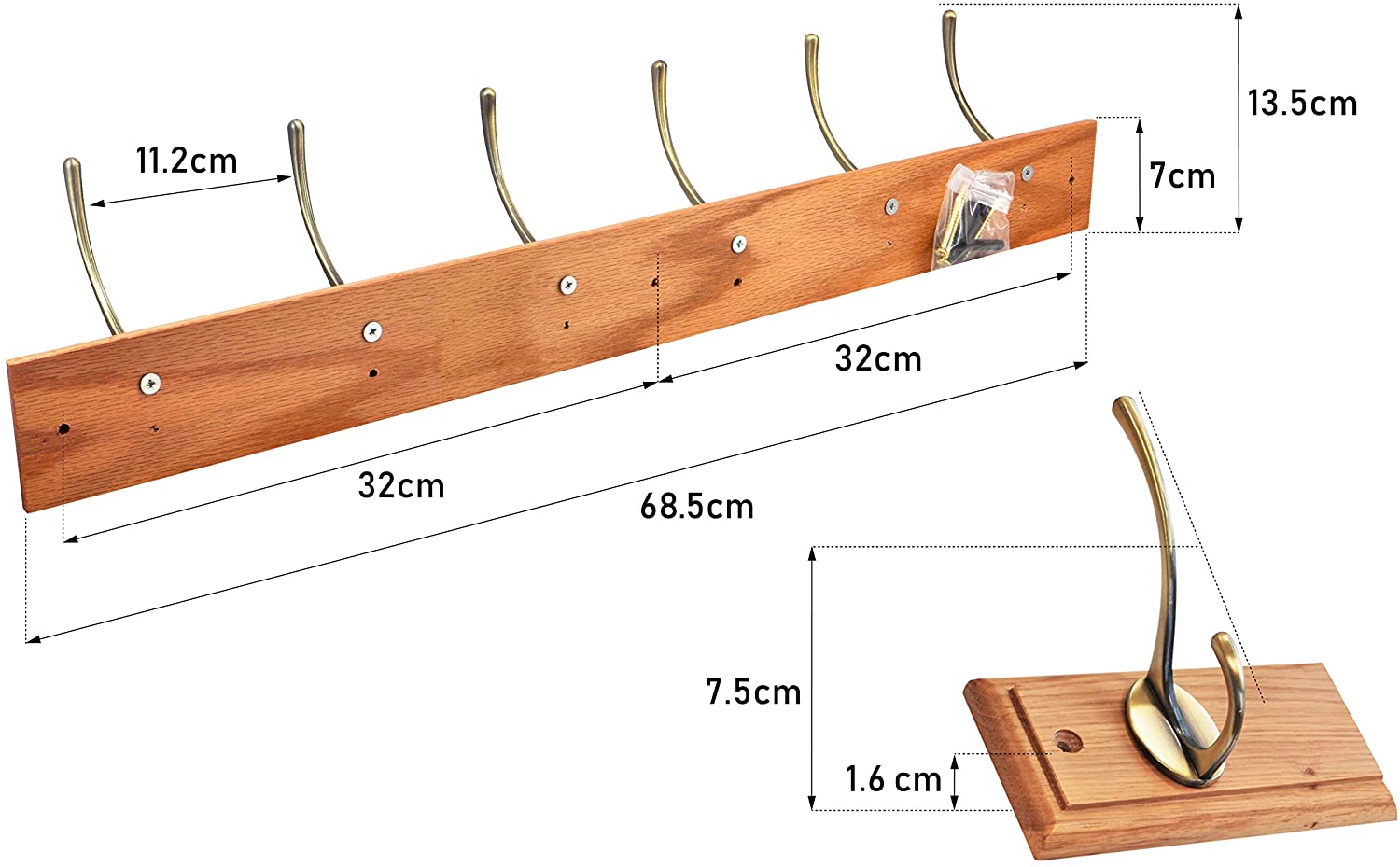 Keypak 6 Hook Oak Effect Wall Mounted Coat Rack with Victorian Antique Brass Hooks, Heavy Duty Wooden Board for Coats Hats - Image 4