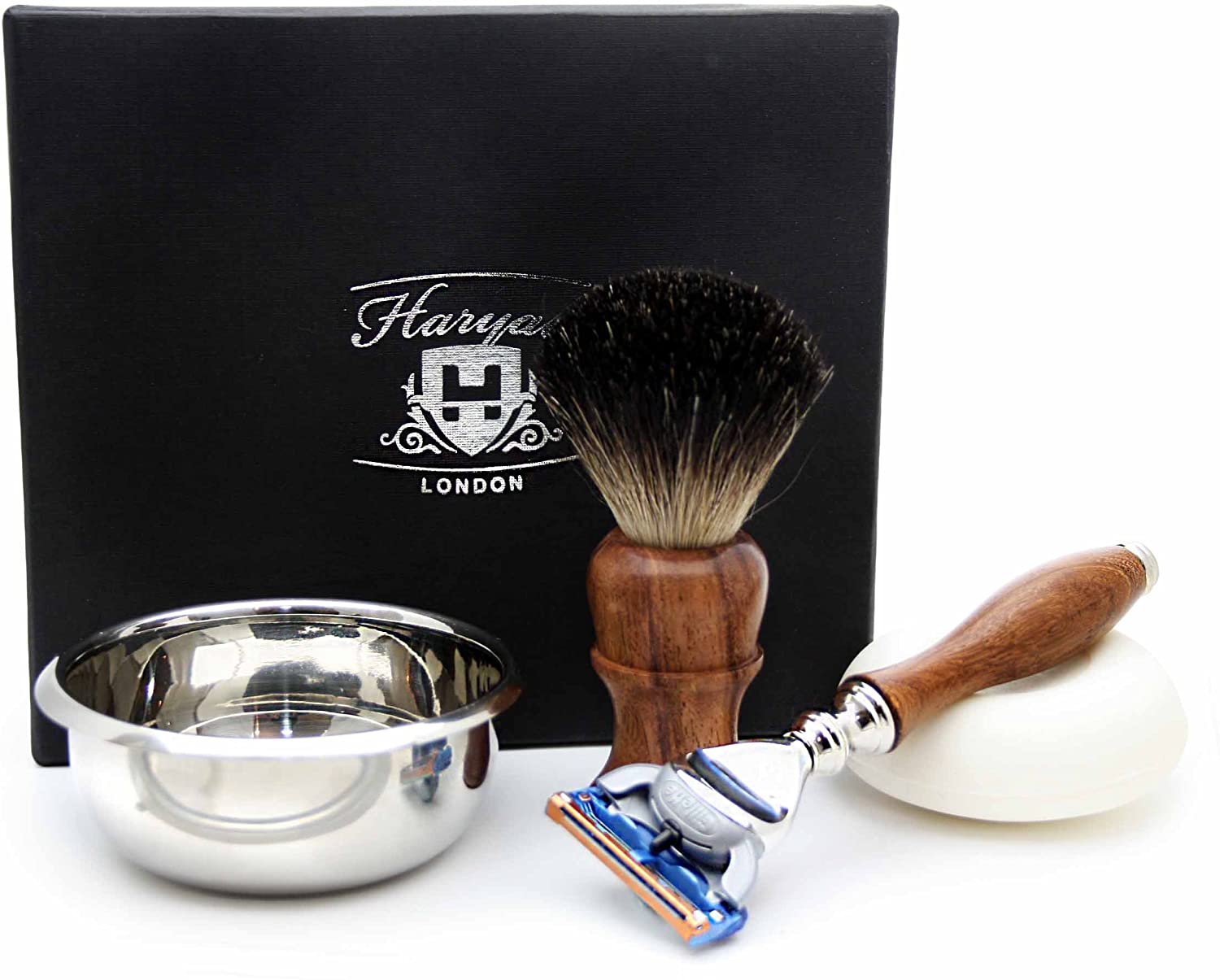 Haryali London, 4Pcs Mens Shaving Kit with 5 Edge Razor, Badger Hair Shaving Brush, Shaving Bowl and Soap