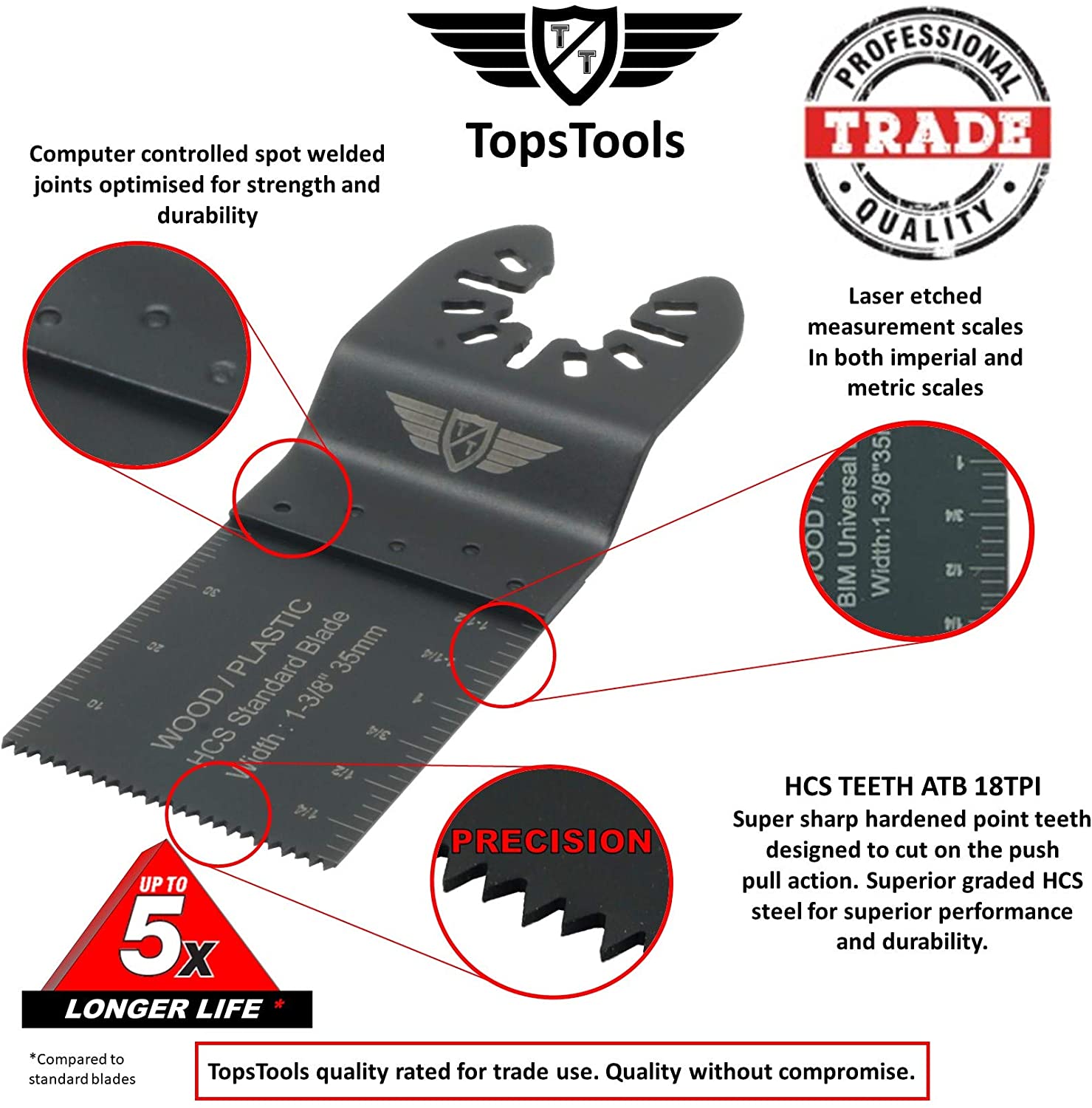 10 x 35mm TopsTools FA35F_10 Wood Fast Fit Blades Compatible with Dewalt Stanley Black and Decker Bosch Fein (Non-StarLock) Makita Milwaukee Parkside Worx Workzone Multitool Accessories - Image 3