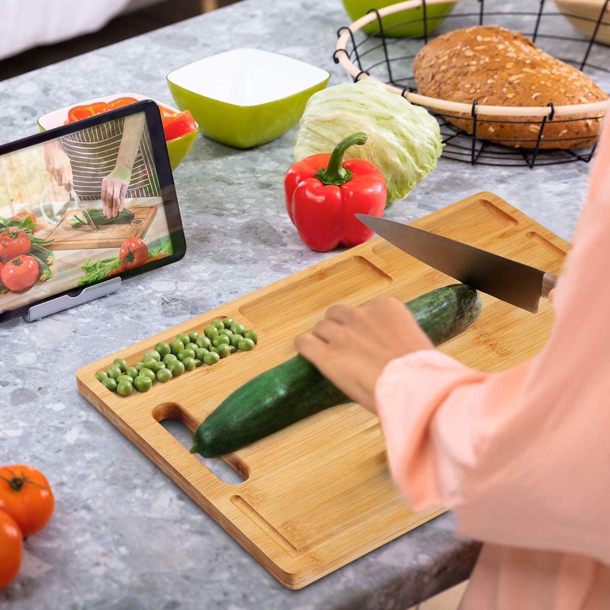 NIUXX Bamboo Cutting Board for Kitchen Chopping Board with 3 Built-in Compartments & Juice Grooves - Image 4