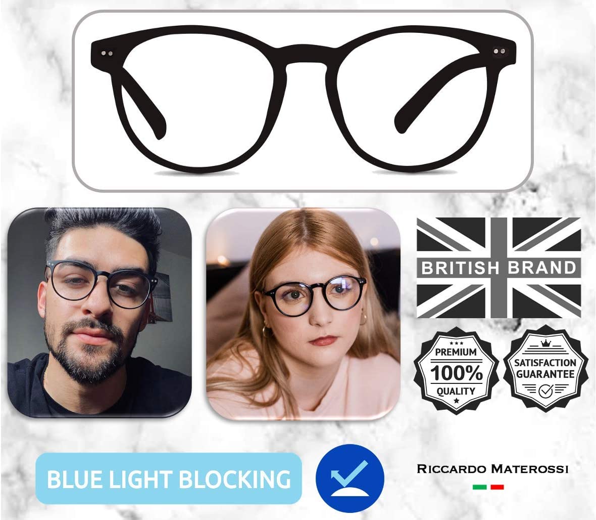 Riccardo Materossi 2 Pack Premium 99.9% Blue Light Blocking Glasses (380-410nm) - Reduce Headaches and Improve Sleep - UK Based Brand - Image 2