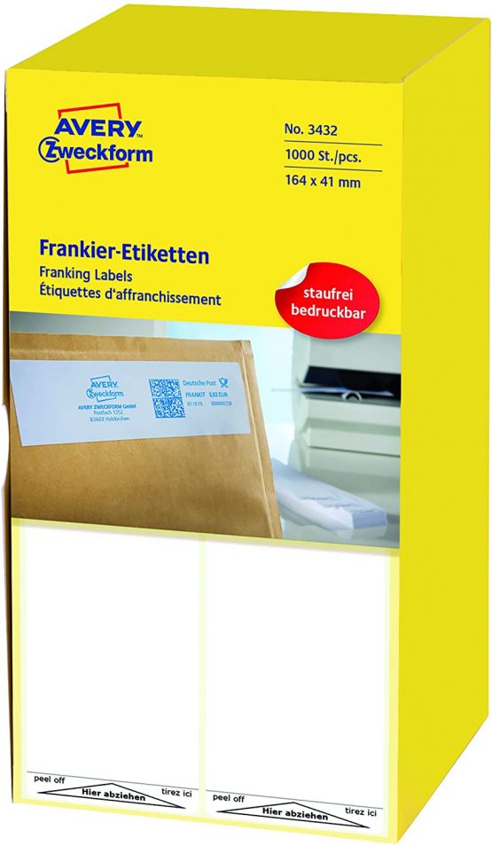 Avery Zweckform 3434 Franking Labels 128 x 38 mm 1 Pack of 1000 Labels White