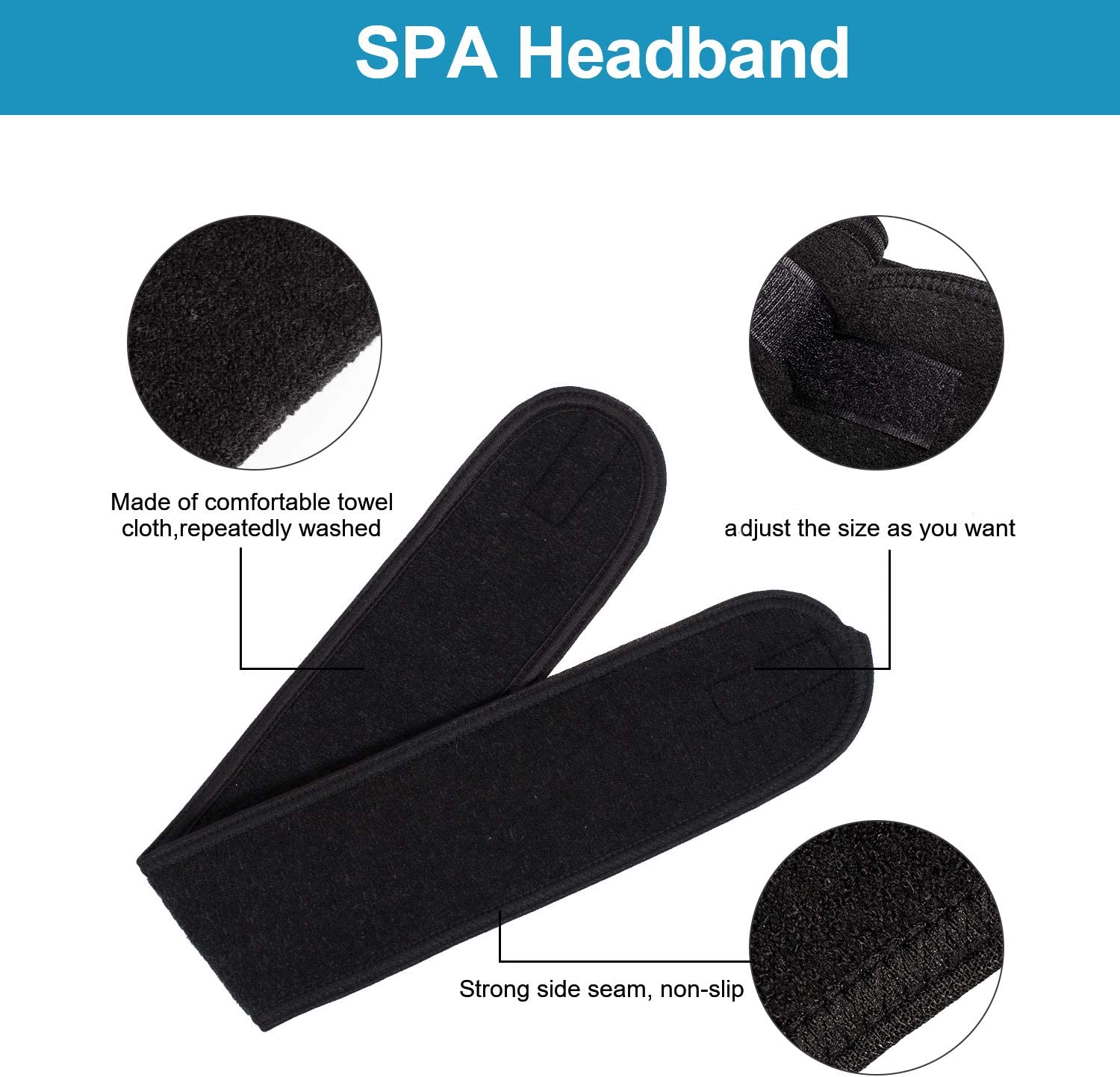 Whaline 4 PCS Spa Facial Headband Make up Hair Band, Terry Cloth Headband, StretchTowel for Sport Yoga Shower (Black) - Image 4