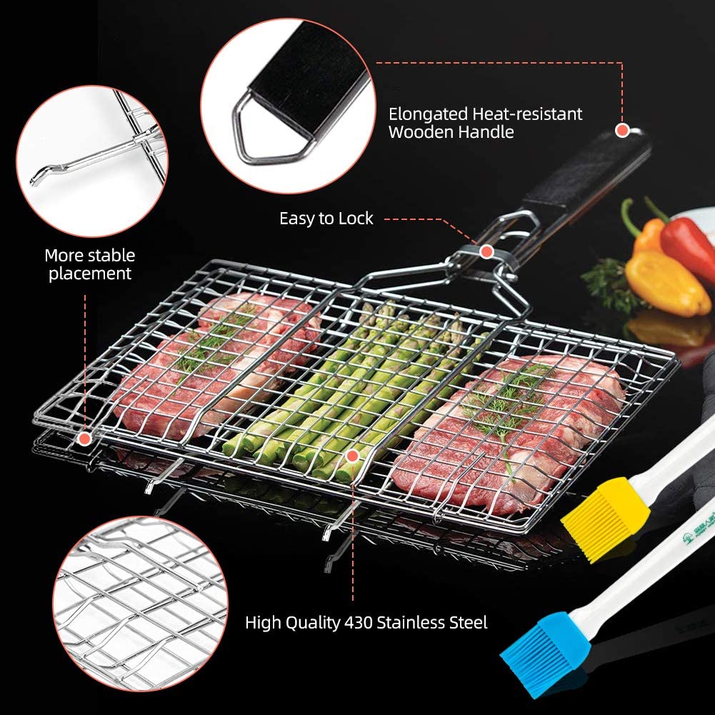 Download E-More BBQ Grilling Basket, Portable Foldable Stainless Steel Barbecue Grill Basket for Roast ...