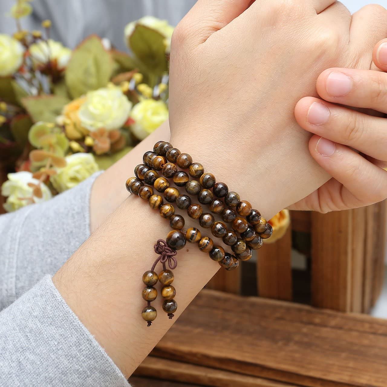 JSDDE Unisex 108 Natural Gemstone Buddha Prayer Beads Mala Bracelets Buddhist Rosary Necklace(6mm Tiger Eye) - Image 2