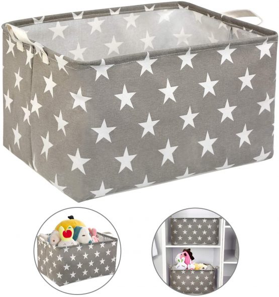 NEWSTYLE Foldable Canvas Fabric Storage Basket,Square Canvas Toy Storage Bins Basket with Handle Toy Organizer for Pet/Kids Toys, Books, Clothes Perfect for Kid Rooms/Playroom/Shelves (Star)
