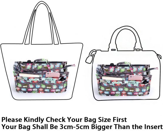 IGNPION Printed Insert Handbag Purse Organiser 13 Pockets Expandable Liner Bag Pouch Zipper Closure Tote Organiser Diaper Bag Insert with Handle (29x 16x 9cm)(Owl) - Image 3