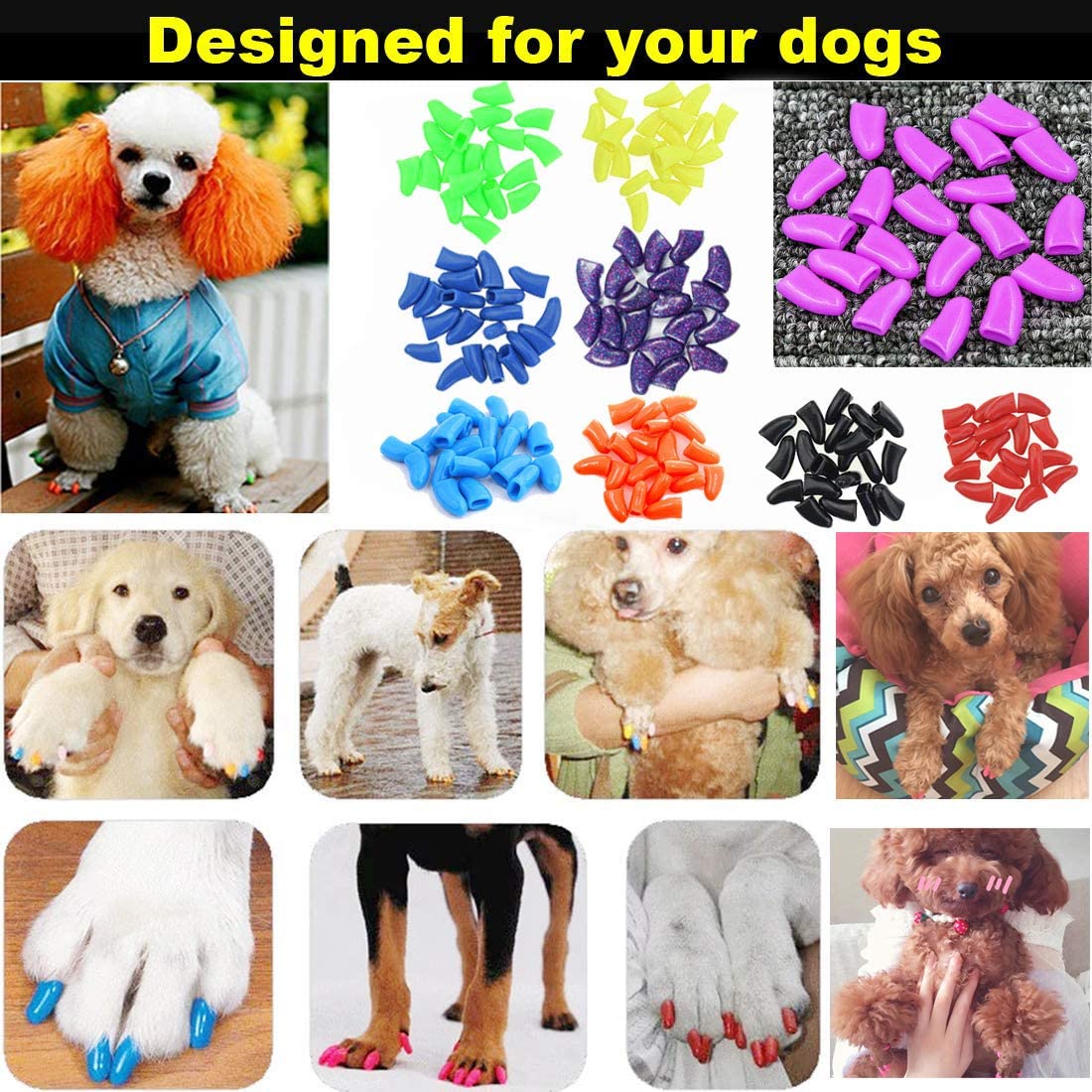 JOYJULY 100pcs Pet Puppy Dog Nail Soft Claw Paws Covers Caps, Control Paws Claws Covers of 5 RANDOM+ 5 Adhesive Glue,S - Image 2