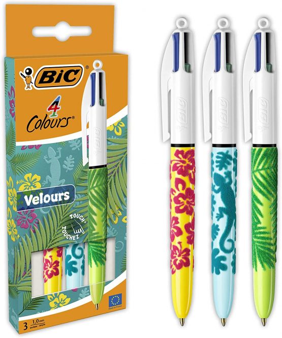 BIC 4 Colours Velours Ball Pens Medium Point (1.0 mm) - Assorted Barrel Designs, Pack of 3, Black