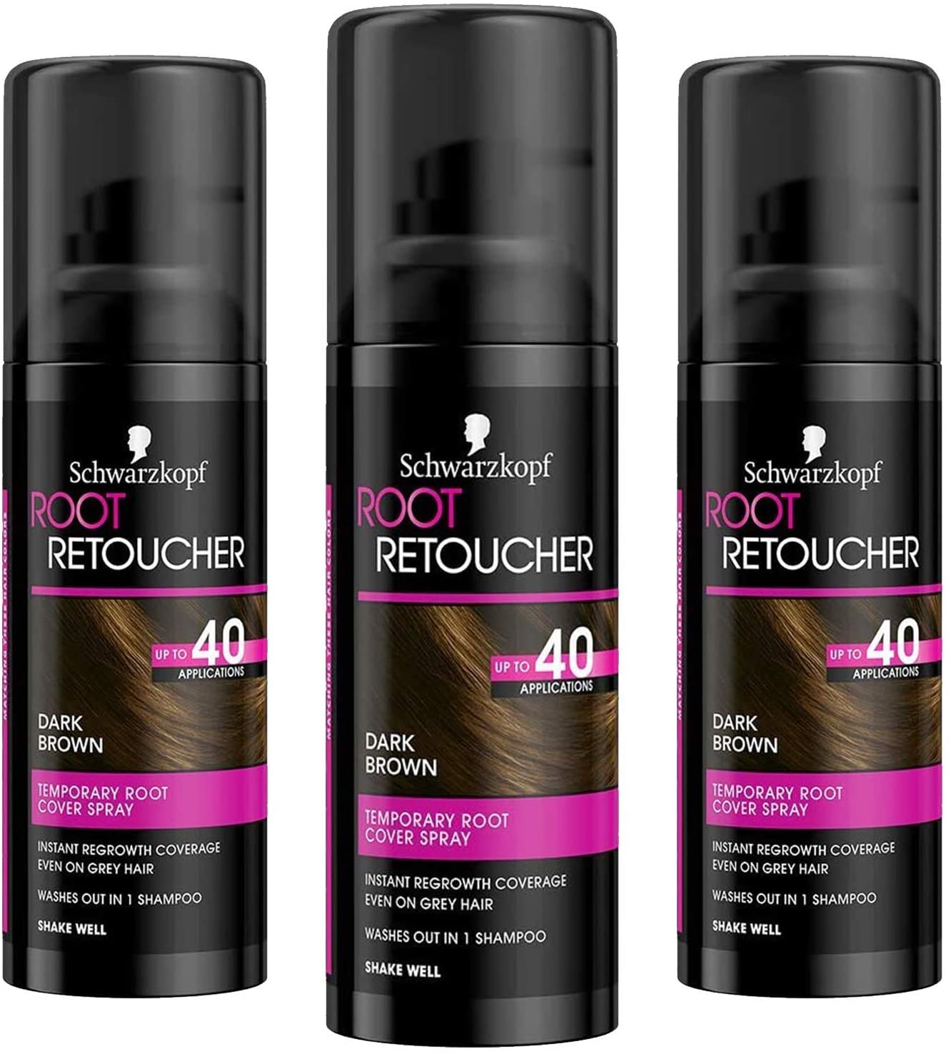 Schwarzkopf Root Retoucher, Instant Temporary Hair Dye Spray for Brunette Regrowth 40 Applications, 3 x 120ml, Dark Brown