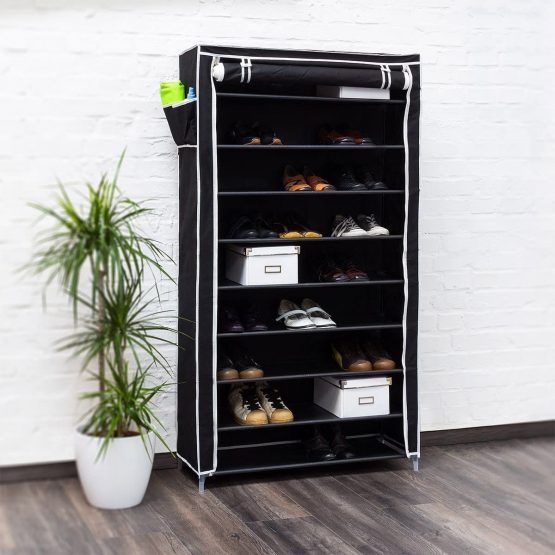 Relaxdays VALENTIN Shoe Rack Storage Unit, 161 x 88 x 30 cm, with Fabric Cover, 10 Shoe Shelves with Zipper, 45 Pairs of Shoes, Black - Image 2