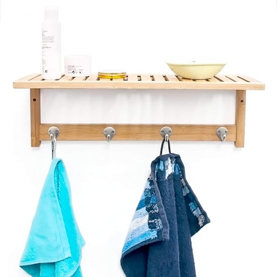 Relaxdays Wall-Mount Towel Rack, Size: 18 x 50 x 16 cm, w/ 4 Hooks, Bamboo, Natural Brown - Image 2