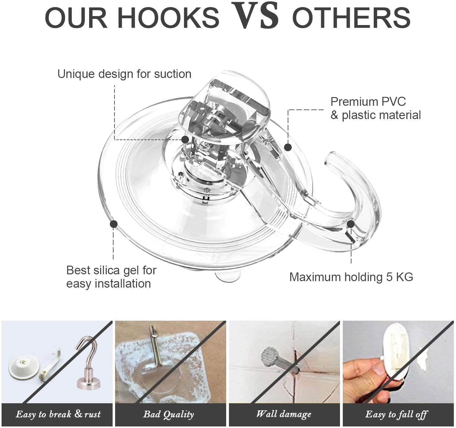 Suction Hooks No Drill Ulinek 4 Pack Suction Cup Hook Bathroom Kitchen Shower Wall Window Glass Door Sucker Hooks for Hanging Towel Coat Clothes Hanger Holder Heavy Duty Max 5KG
