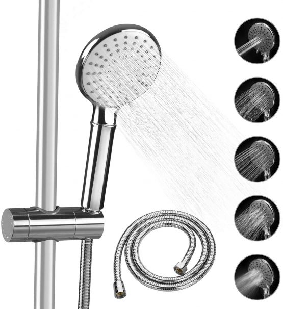 ASTOTSELL Shower Head Kit with Hose and Showerhead Holder Bracket, Fixed Handheld Shower Universal Fitting with Adjustable 5 Sprays Modes for Slide Bar Adjustable 19-25MM O.D, Chrome Plated - Image 3