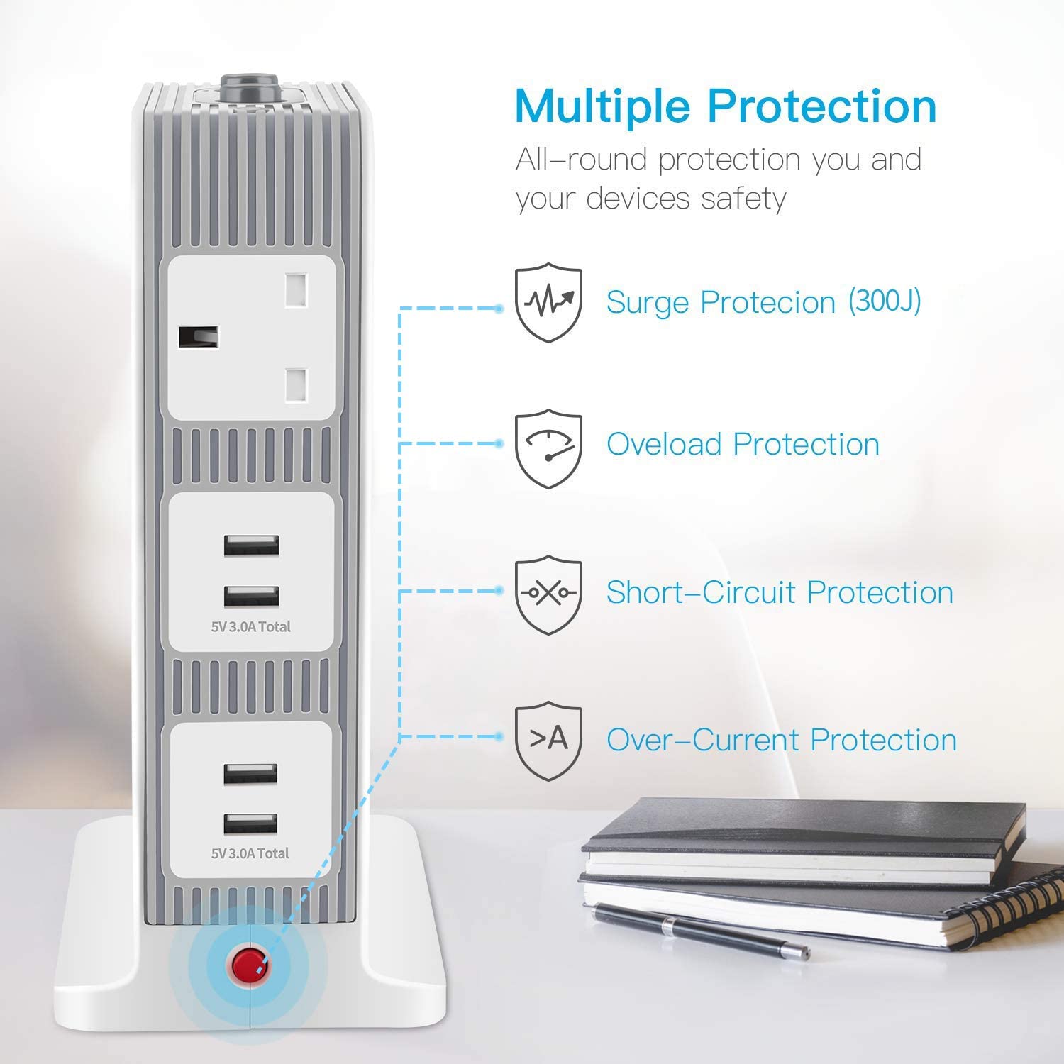 baykul 5M Tower Extension Lead Surge Protected with USB, 10 Way