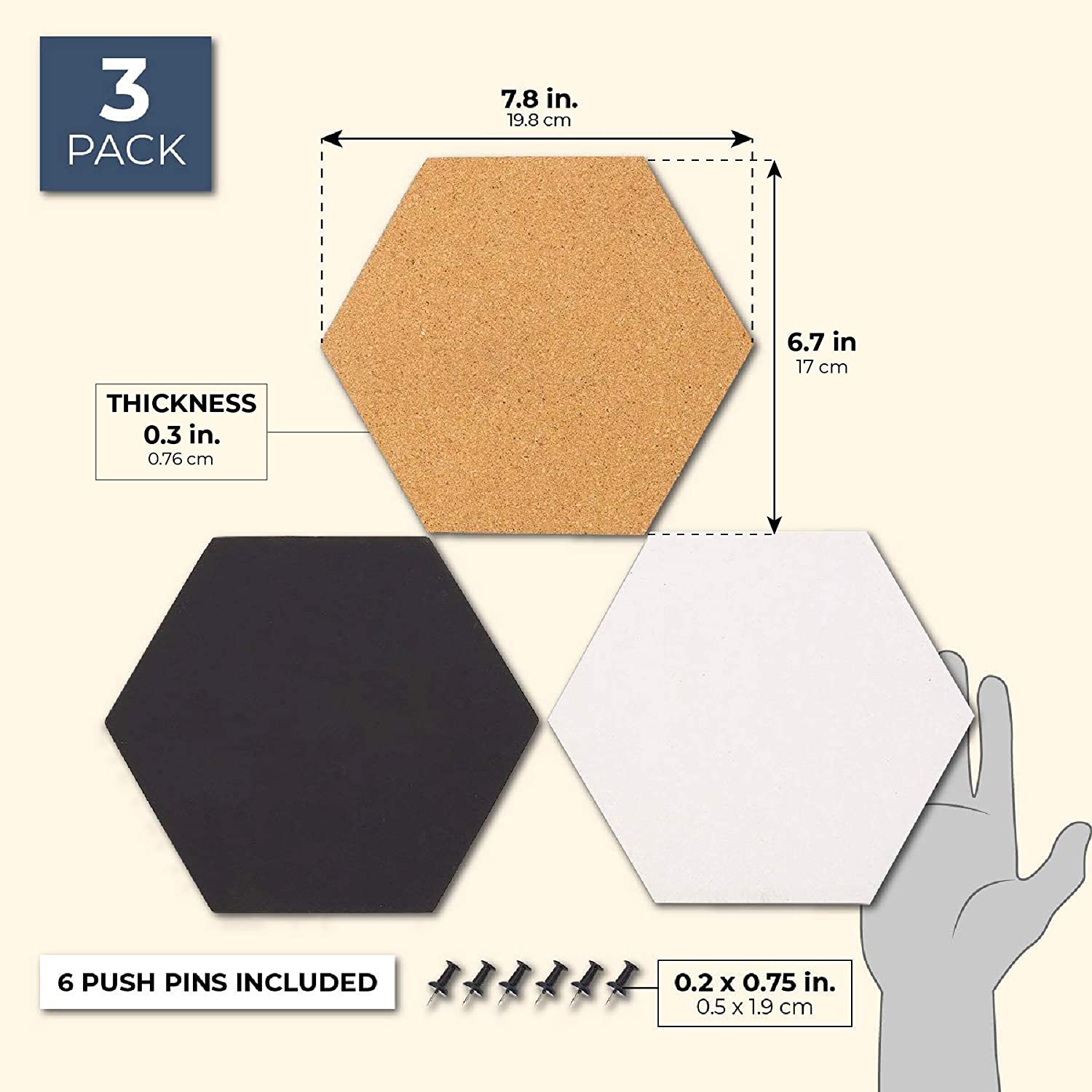 3Pack Cork Bulletin Boards Hexagonal Decorative Tiles in 3 Colors