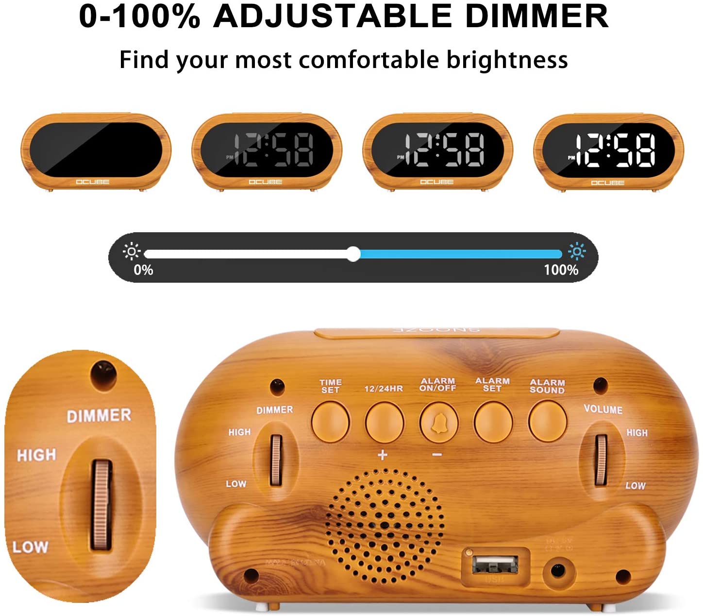 OCUBE Digital Alarm Clock, Bedside Clock with 5 Optional Alarm Sounds