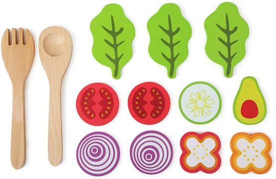 Small Foot 11476 Wooden Set, Children's Vegetarian Play Kitchen Accessory, incl. Bowl, Salad Utensils and Dressing Toys, Multicolored - Image 3